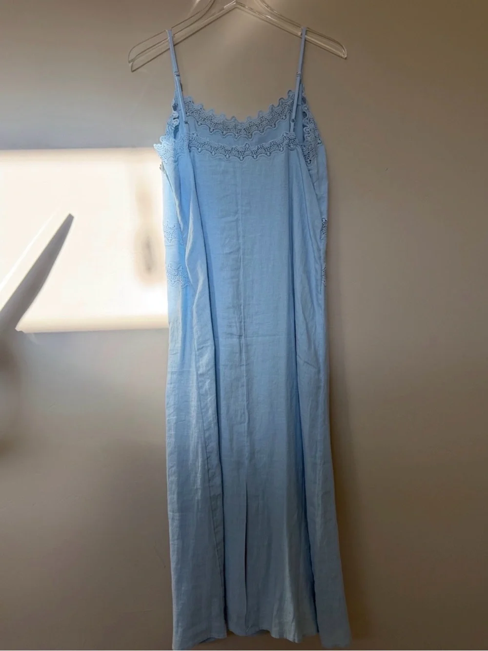 J. Crew 90’s Inspo Minimal Blue Coastal Lace Trim Linen Slip Midi Dress 10